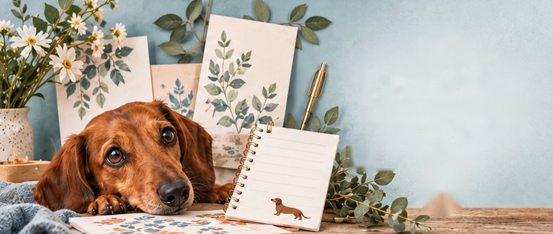 Long-haired red dachshund resting at a desk with botanical prints, notebooks and stationery