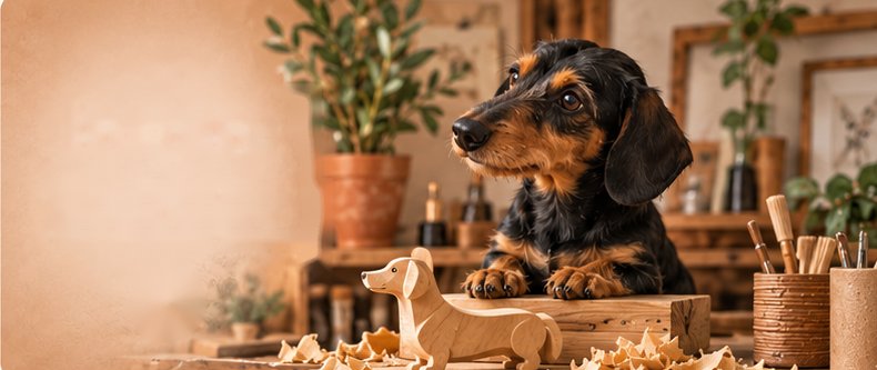 Black and tan dachshund in a warm woodworking studio beside a wooden dachshund figure