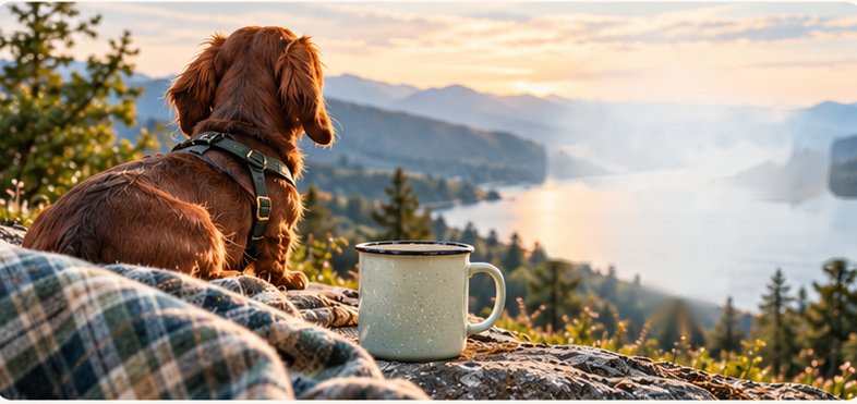 Dachshund sitting on a mountain overlook at golden hour beside an enamel mug